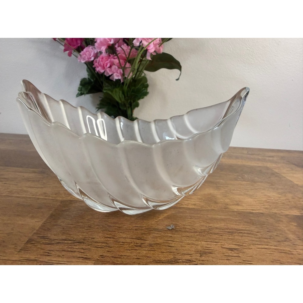 Vintage Frosted Glass Leaf Bowl Swirl‎ Pattern MCM Decorative Dish Art Glass